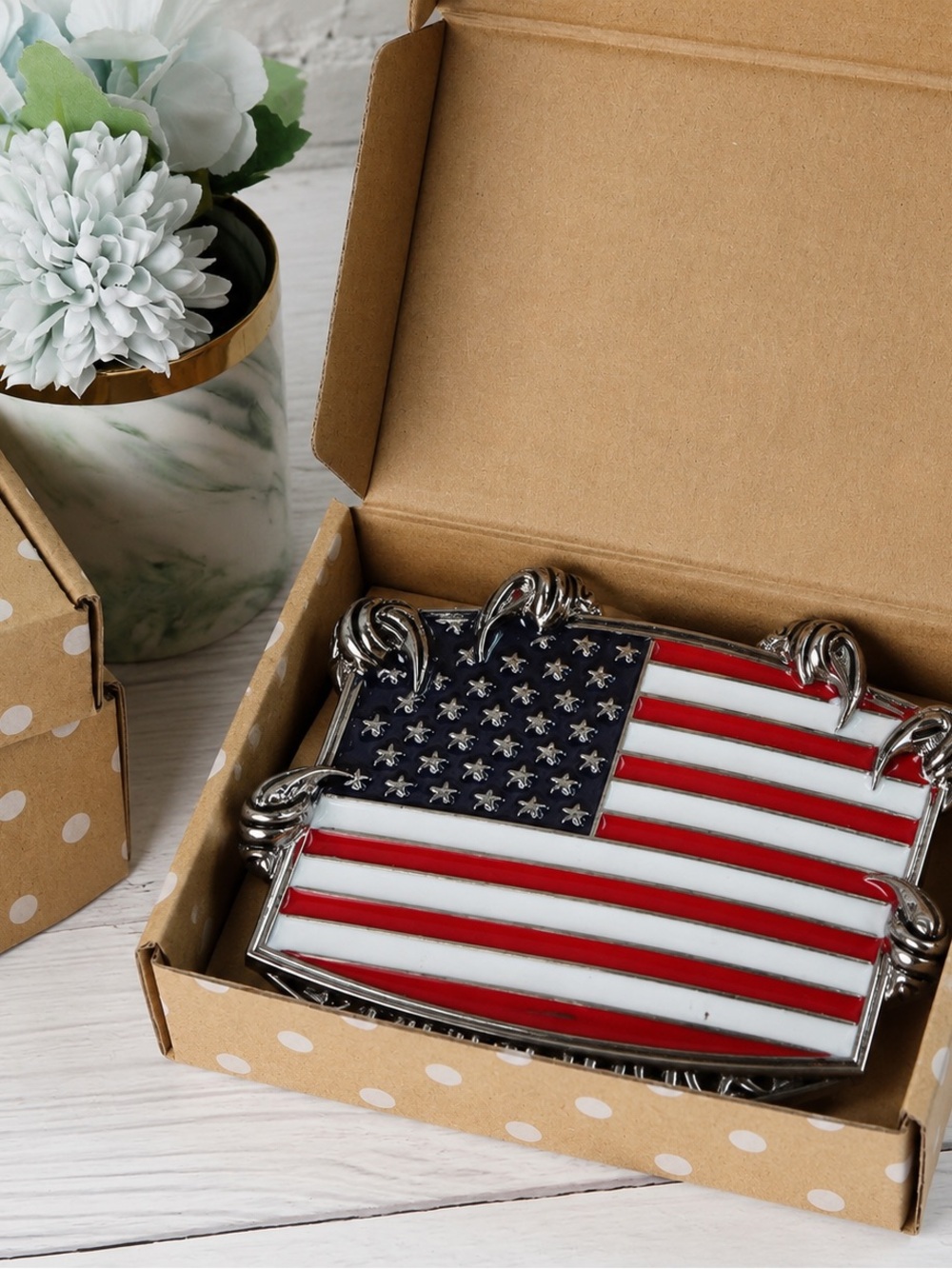 American Flag Western Belt Buckle USA Patriotic Cowboy Silver Gift Box